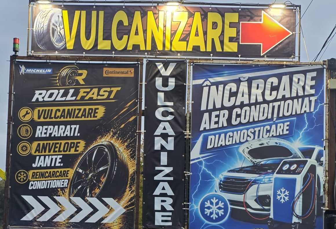 Фасад шиномонтажа RollFast в Буюканах, Кишинёв: световая вывеска «Vulcanizare» и баннеры — ремонт, шины, диски, заправка кондиционера